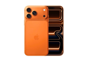 Apple iPhone 17 Pro Max orange smartphone front and back view with triple camera system